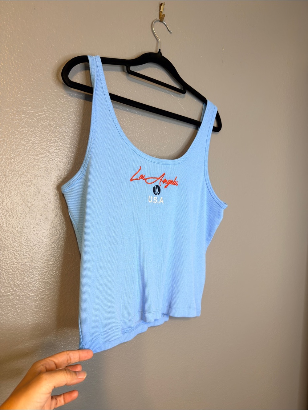 Fashion Nova Light Blue Ribbed Scoop Tank with Red Script